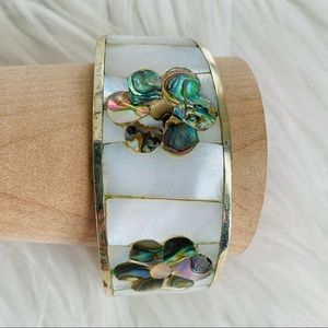 Vintage Mexican Alpaca Silver Cuff Abalone Bracelet